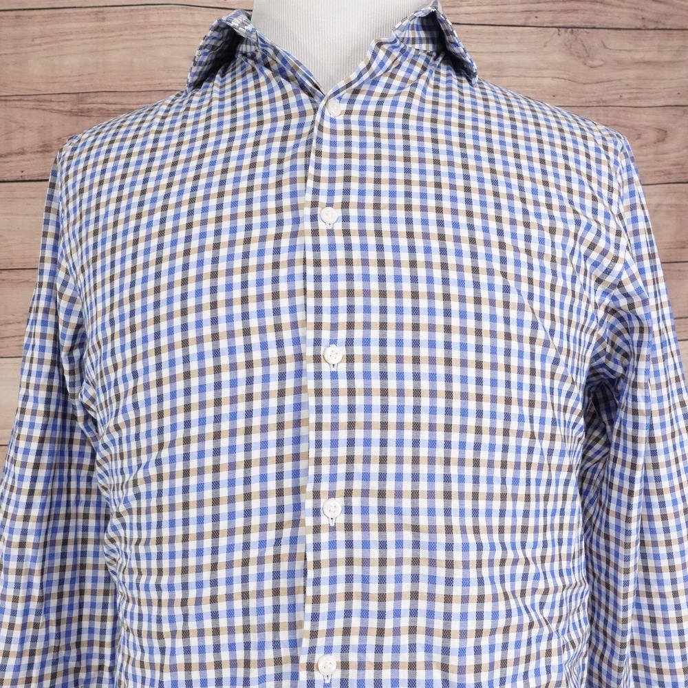 Ben‎ Sherman Shirt Mens M 15-15.5 32-33 Blue Check Long Sleeve Button-Up Stretch